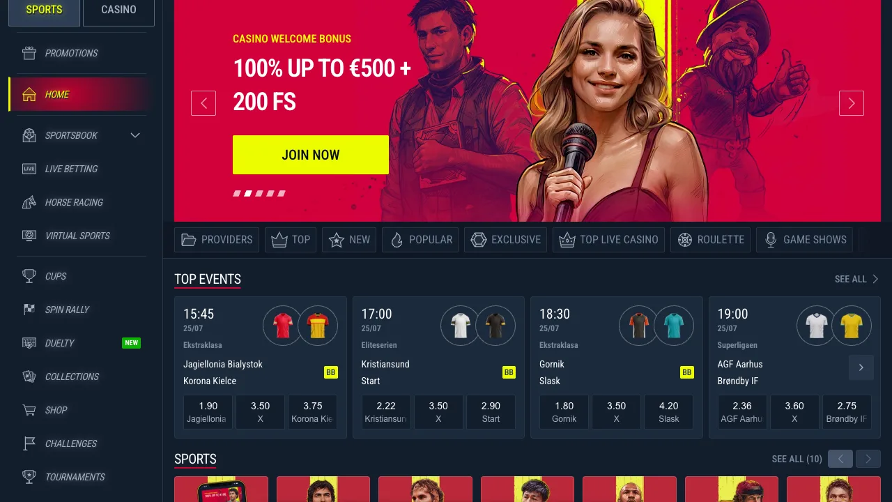 Rabona casino lobby — slots, live casino and jackpot shelves